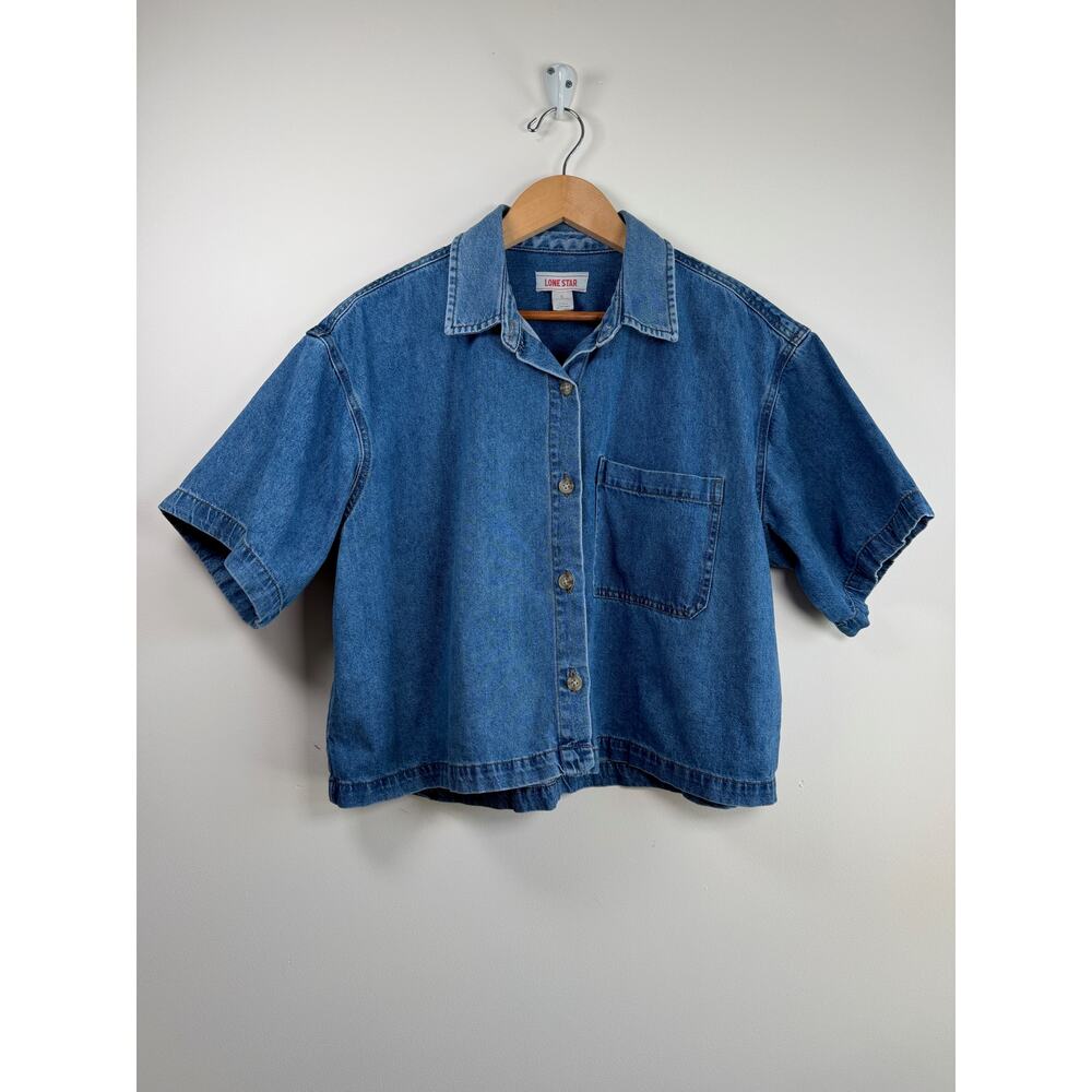 Lone Star Blue Denim Button Front Crop Shirt Top Large Casual Boxy Western